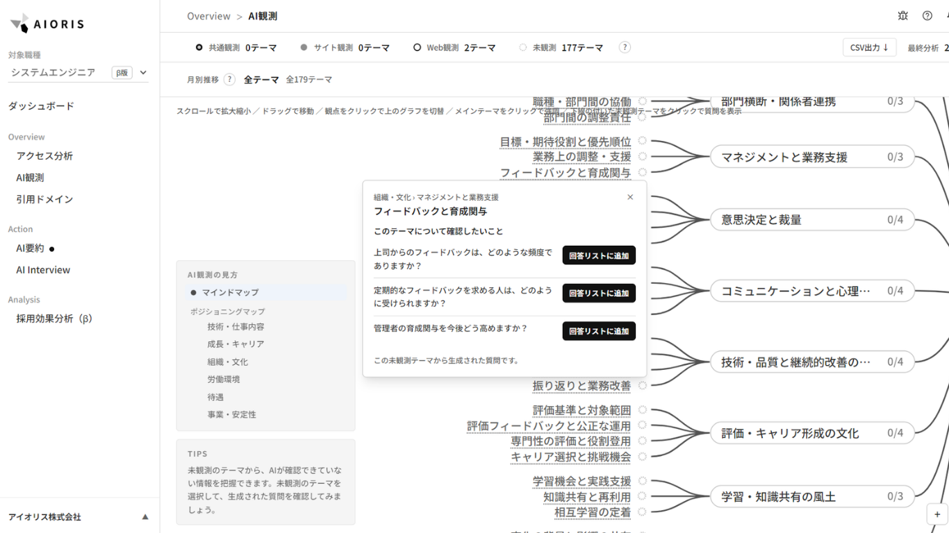 未観測テーマを選択し、確認したい質問を表示した状態